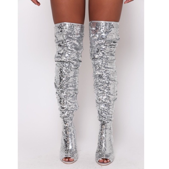 thigh high silver sequin boots